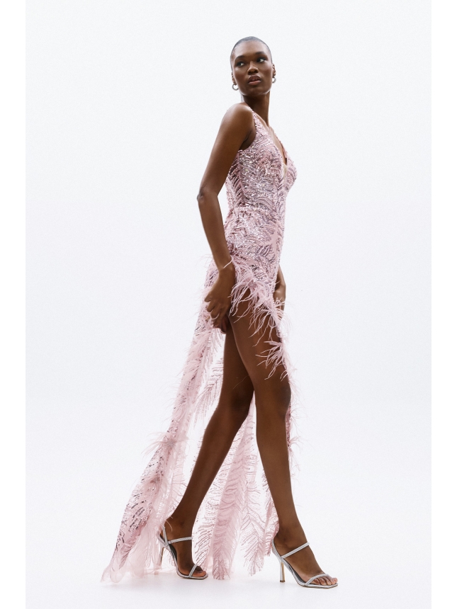 Allure Evenings pink embellished dress with slit