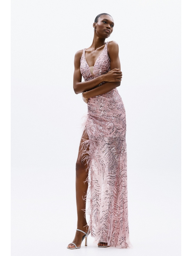 Allure Evenings pink embellished dress with slit