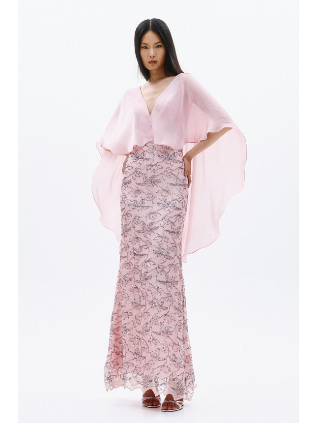 Allure Evenings powder pink maxi dress with peplum