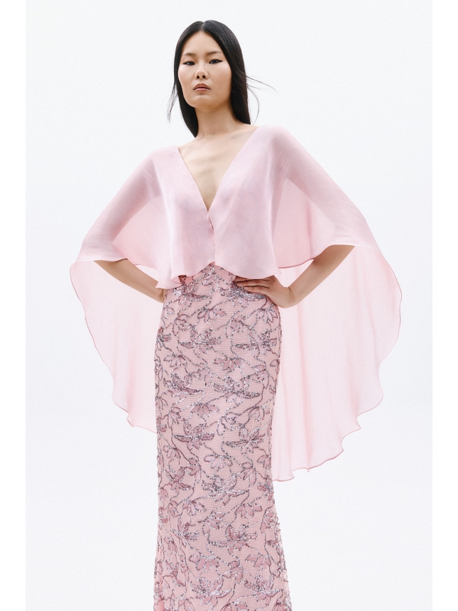 Allure Evenings powder pink maxi dress with peplum