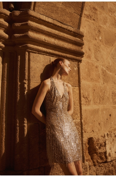 Allure Evenings mini silver dress with fringes