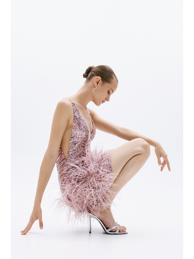 Allure Evenings mini pink dress with feathers