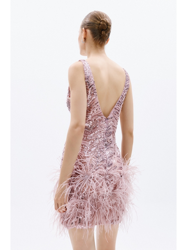 Allure Evenings mini pink dress with feathers