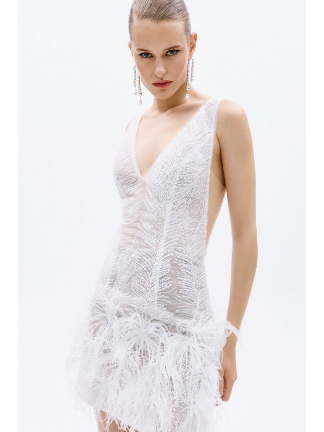 Allure Evenings white mini dress with feathers