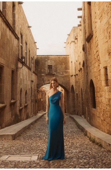 Allure Evenings one-shoulder blue dress