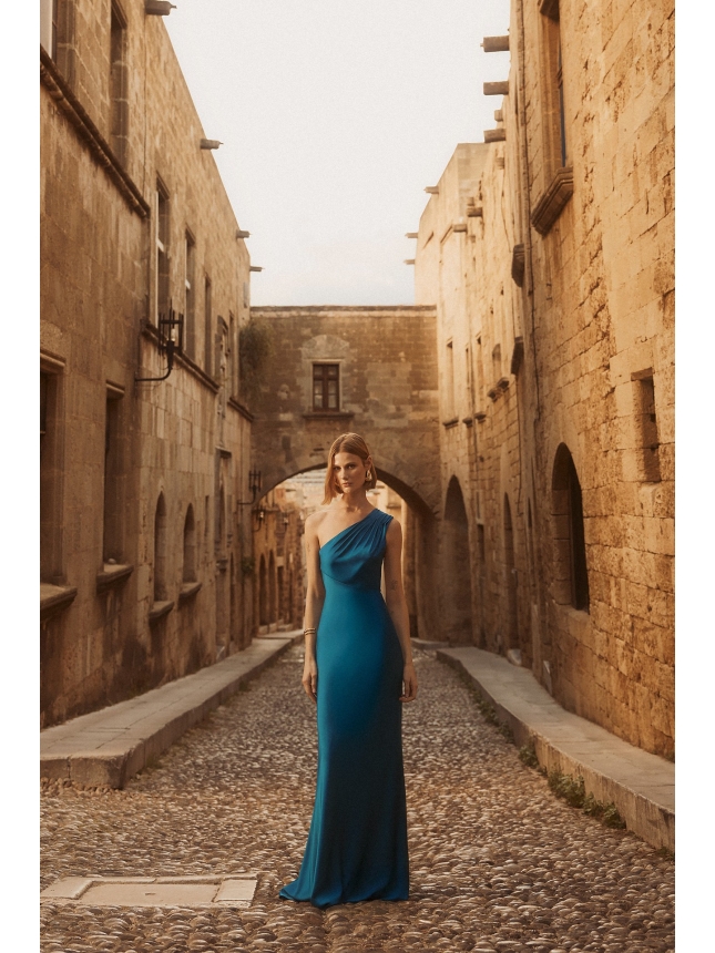 Allure Evenings one-shoulder blue dress