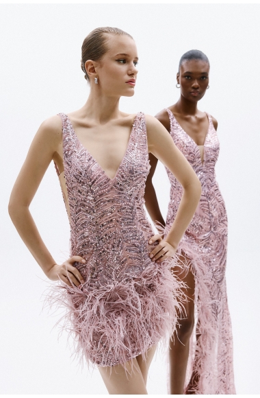 Allure Evenings mini pink dress with feathers