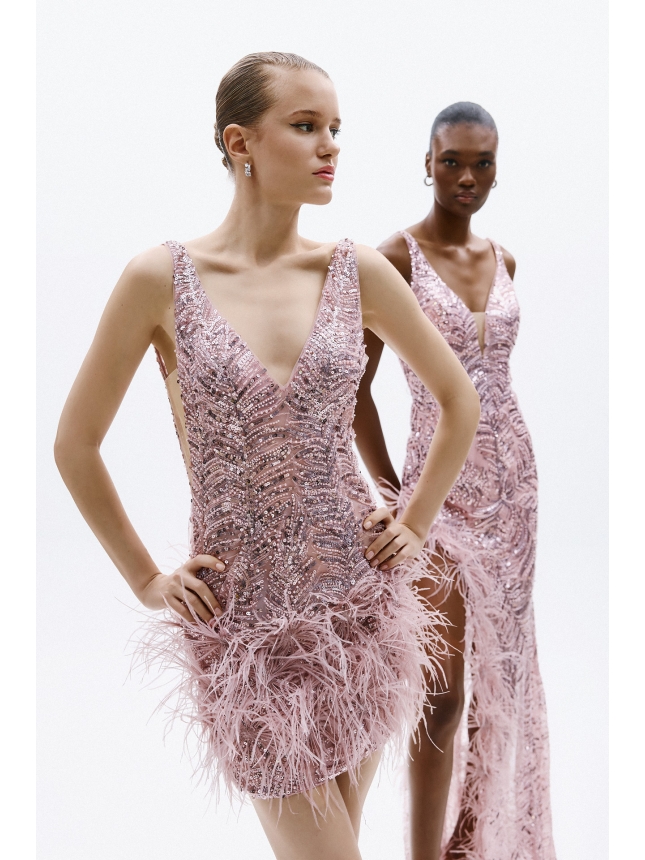 Allure Evenings mini pink dress with feathers