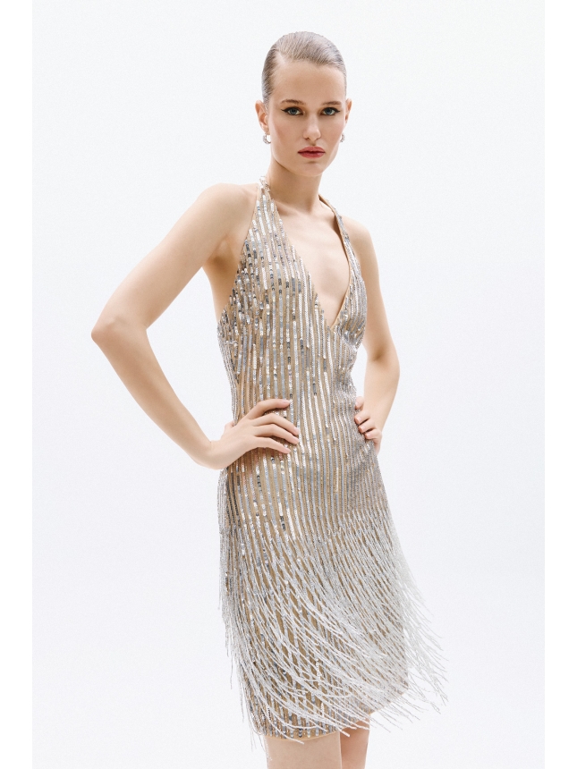Allure Evening mini silver dress with fringes