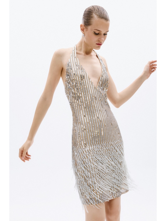 Allure Evening mini silver dress with fringes