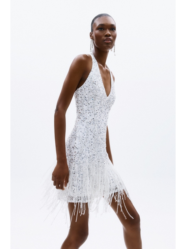 Allure Evening white embellished dress with tassels