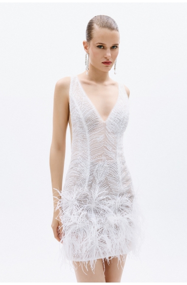 Allure Evenings white mini dress with feathers