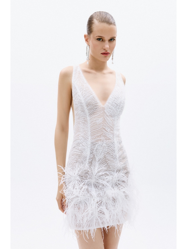 Allure Evenings white mini dress with feathers