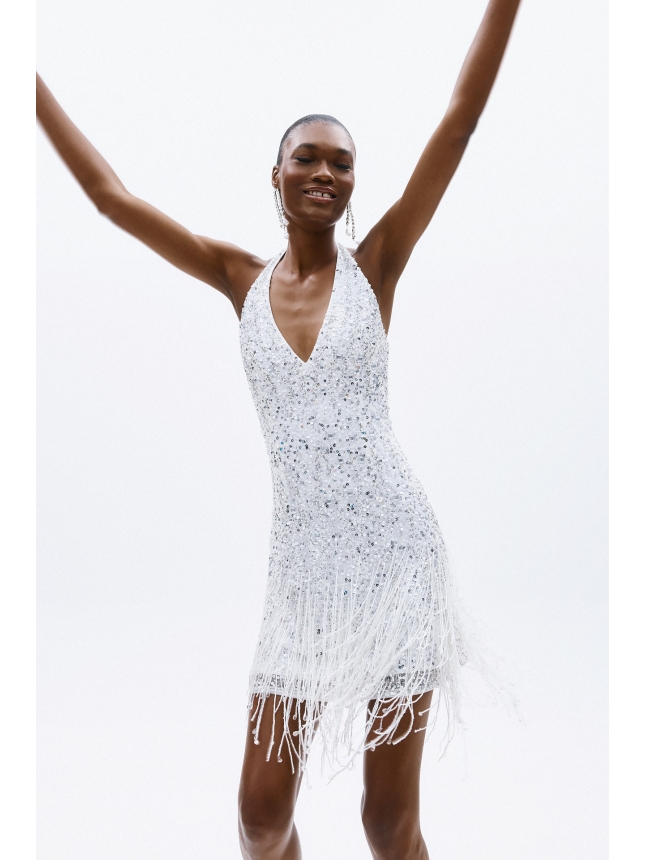 Allure Evening white embellished dress with tassels