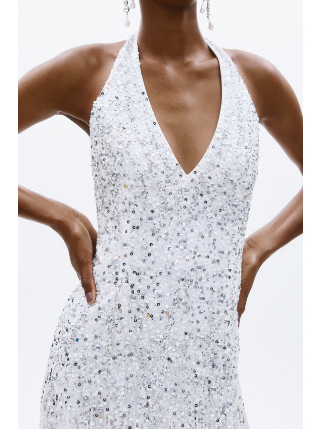 Allure Evening white embellished dress with tassels