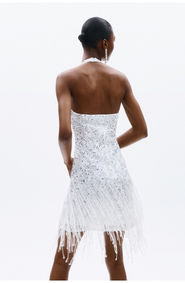 Allure Evening white embellished dress with tassels