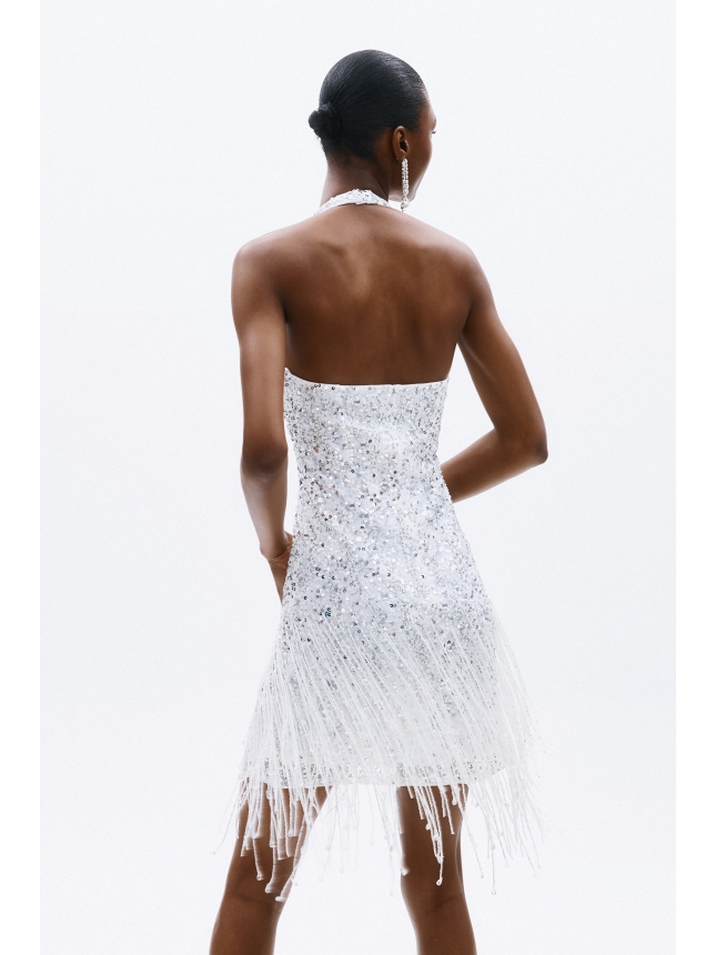 Allure Evening white embellished dress with tassels