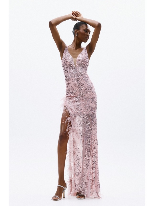 Allure Evenings pink embellished dress with slit