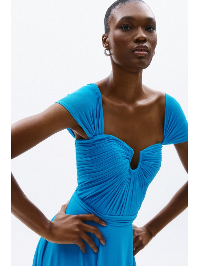 Blue Ruched Maxi Dress with Cap Sleeves