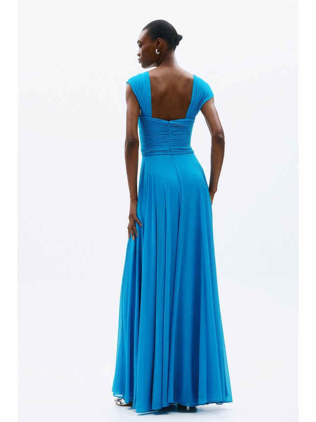 Blue Ruched Maxi Dress with Cap Sleeves