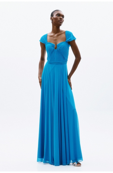 Blue Ruched Maxi Dress with Cap Sleeves