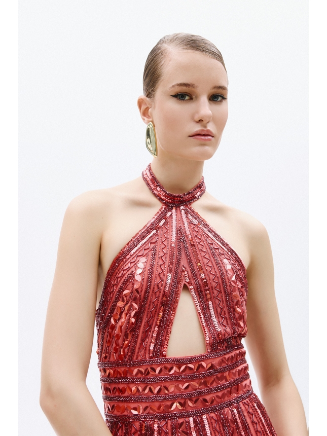 Allure Evening embellished coral dress