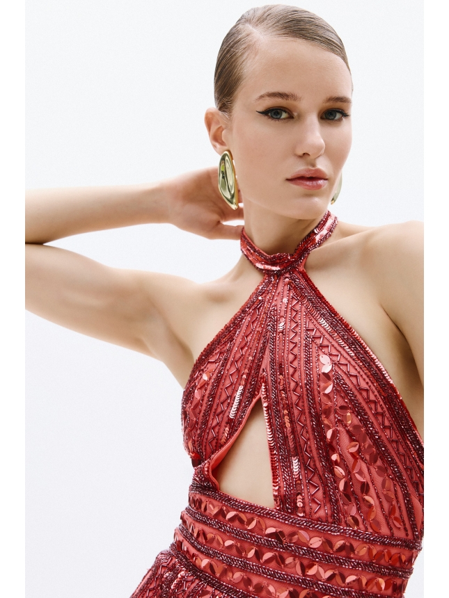 Allure Evening embellished coral dress