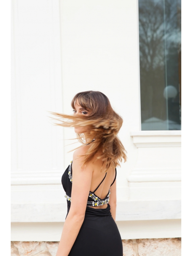 Mooire black dress with white beads embellishment 