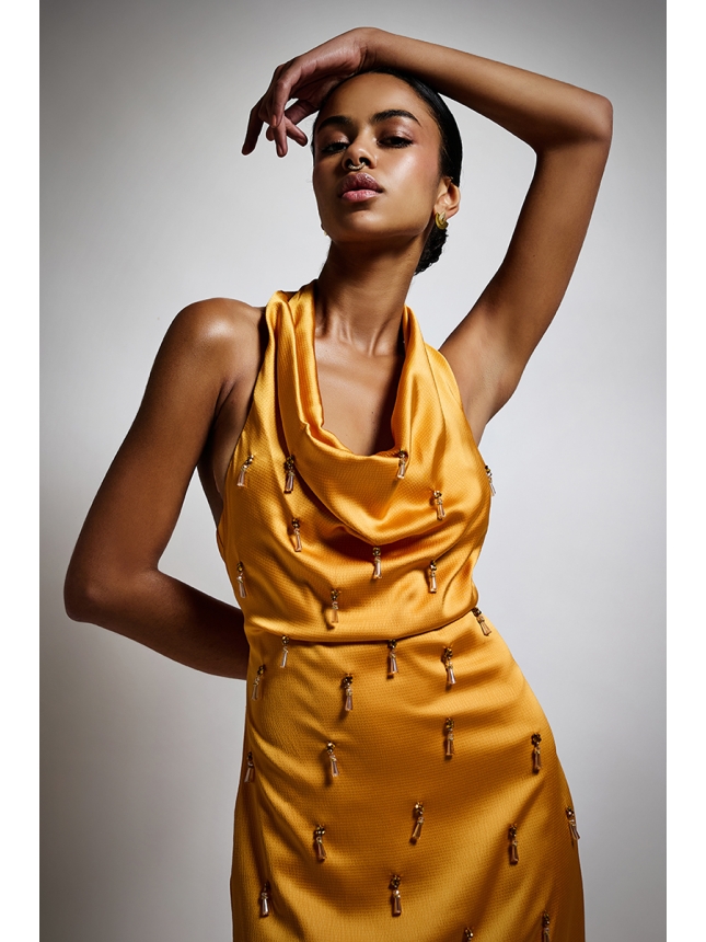 Twins Fantasy honey colored midi dress 