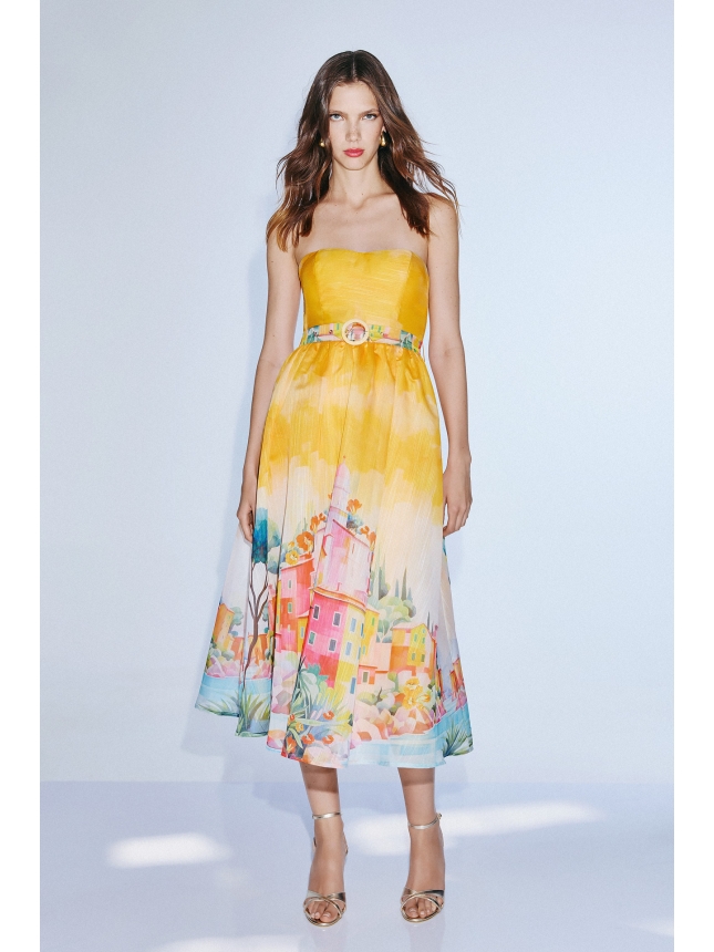 Twins Fantasy yellow midi dress with print