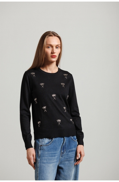 Black Crystal-Embellished Knitted Sweater