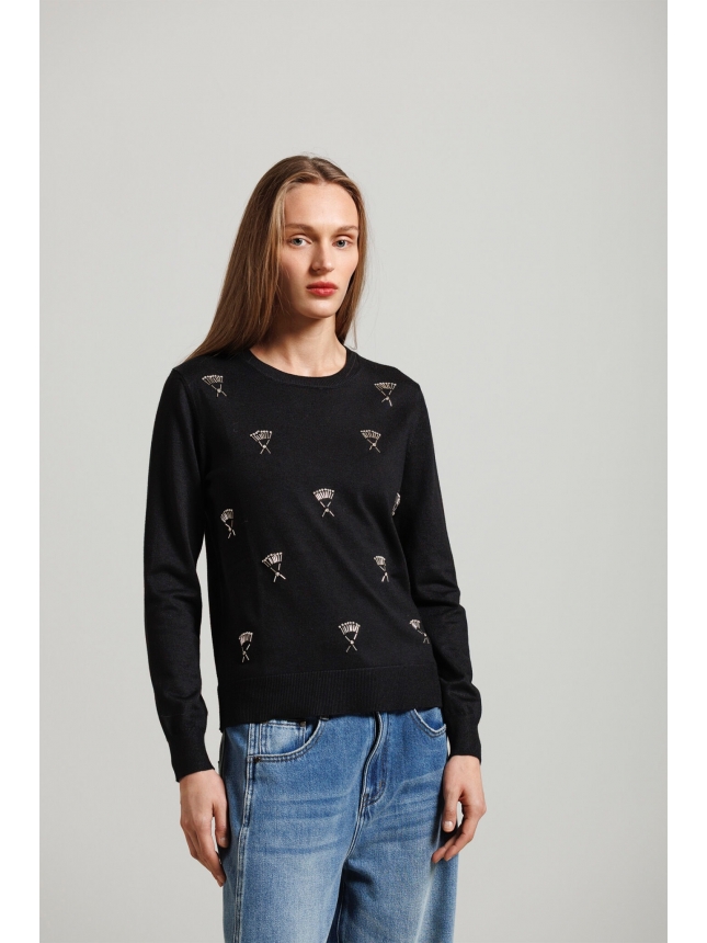 Black Crystal-Embellished Knitted Sweater