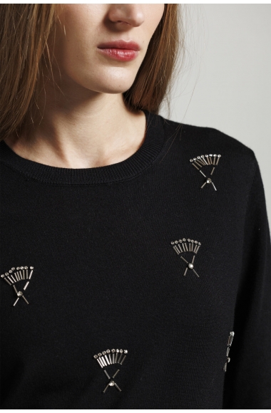 Black Crystal-Embellished Knitted Sweater