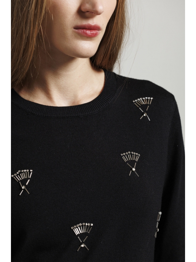 Black Crystal-Embellished Knitted Sweater