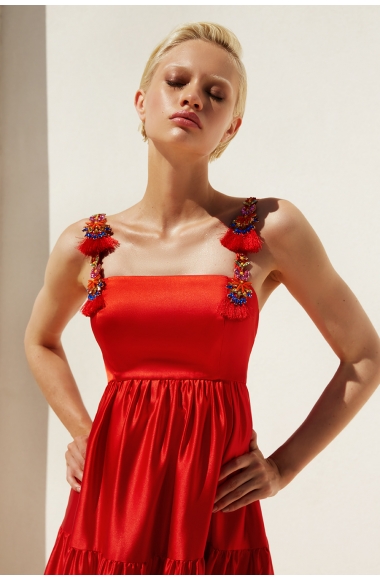 Twins Fantasy red tiered dress with embellished straps 