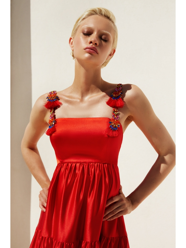 Twins coral red dress with embellished straps