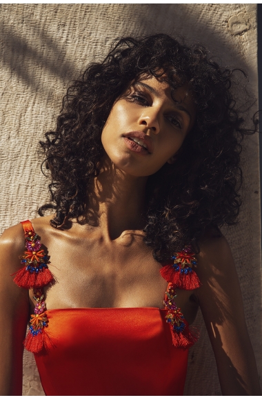 Twins coral red dress with embellished straps