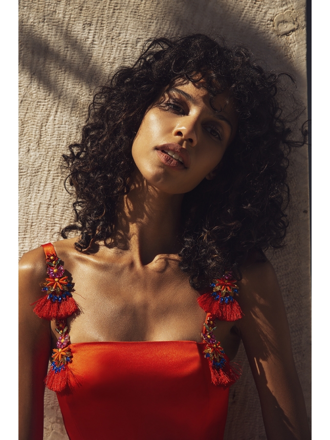 Twins coral red dress with embellished straps