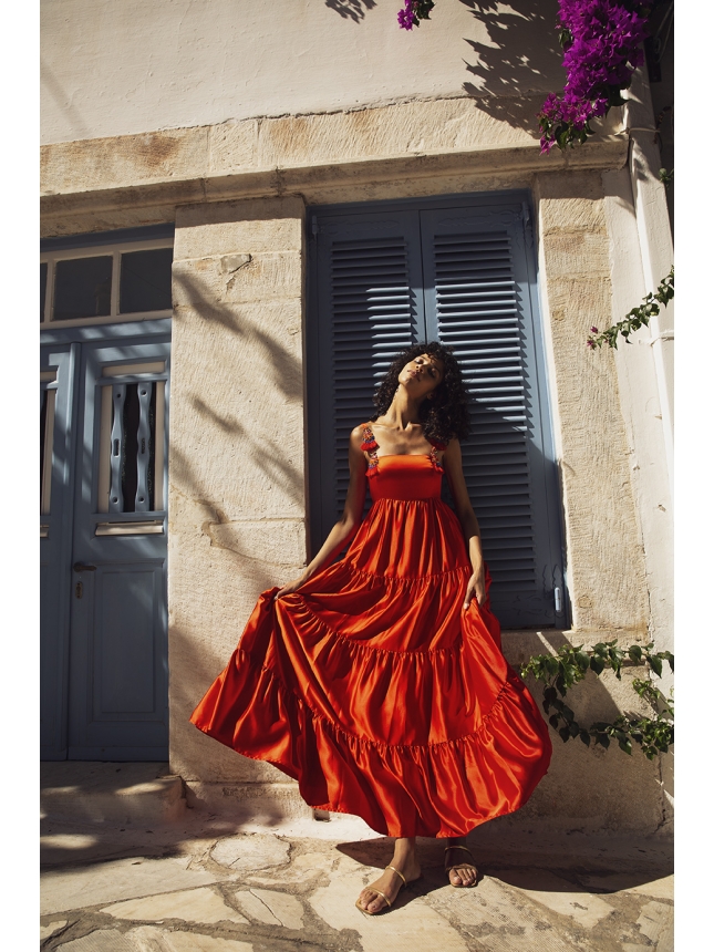 Twins coral red dress with embellished straps