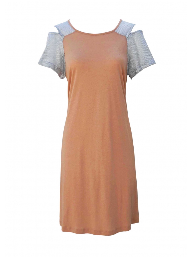 See by Chloe beige t-shirt dress with silver sleeves